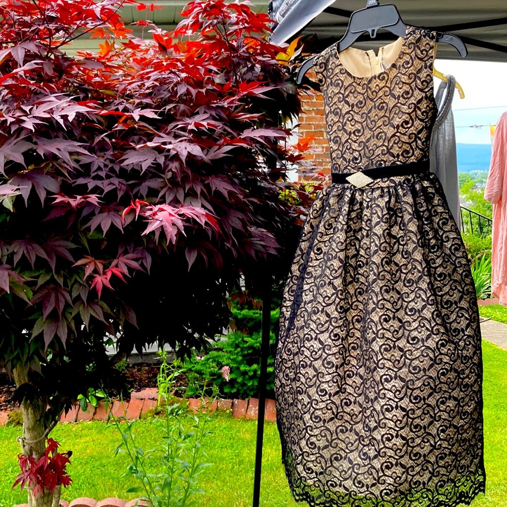 Kids black lace over cream dress